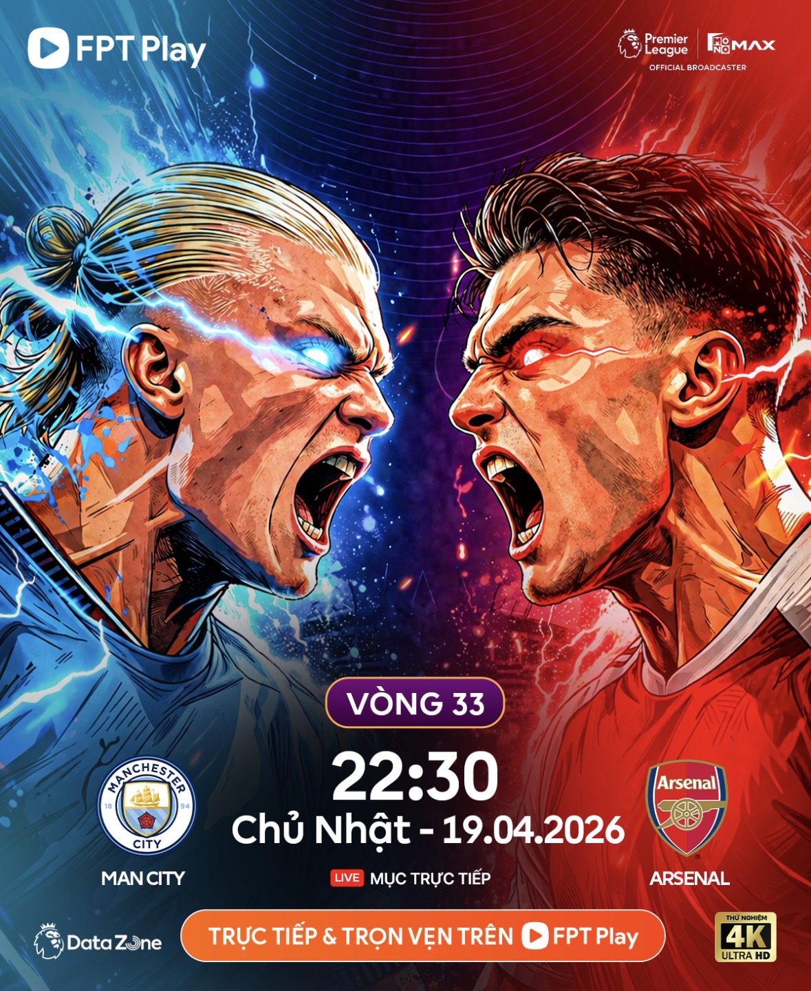 Xem trực tiếp Man City vs Arsenal vòng 33 Ngoại Hạng Anh 2026
