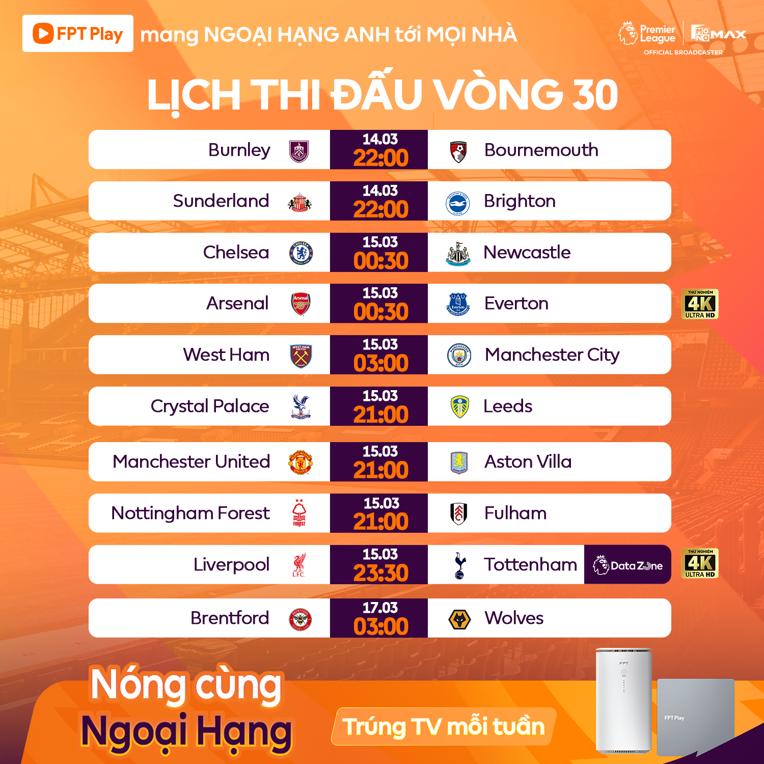 LỊCH THI ĐẤU VÒNG 30 NGOẠI HẠNG ANH - PHÁT SÓNG TRỰC TIẾP TRÊN FPT PLAY